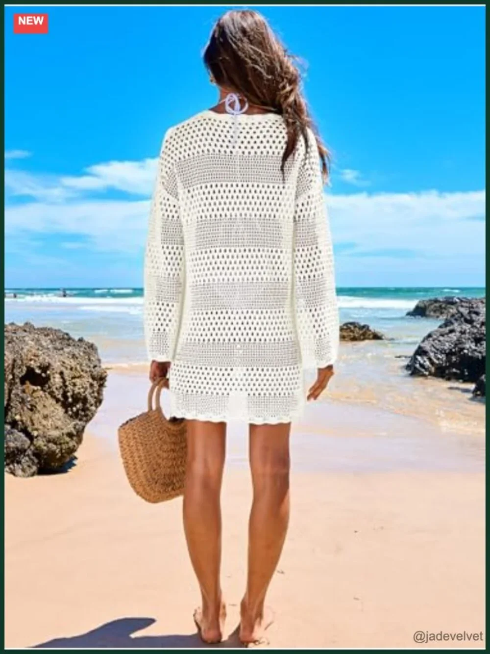 Crochet Knit Swim Cover Up Dress Long Sleeve Hollow Out Beach Dress